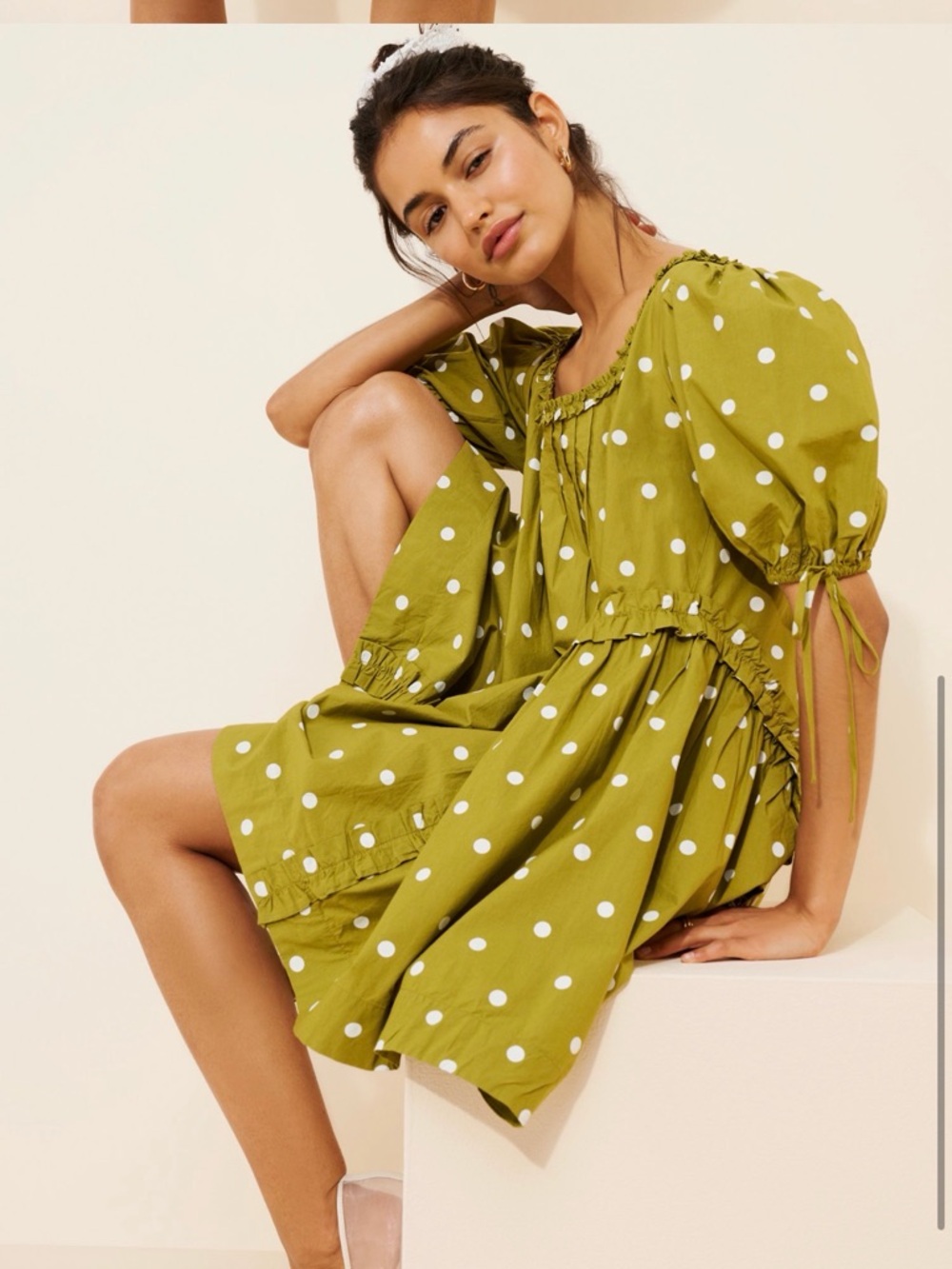 Polka Dot Ruffle Mini Dress - Olive Green - Picture 2 of 3